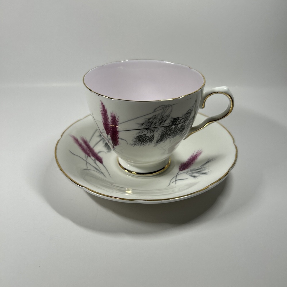 Old Royal Bone China England Vintage Plum Wheat Tea Cup Saucer Pink Inside